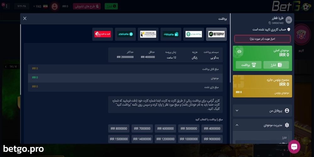آموزش برداشت حساب BetGo